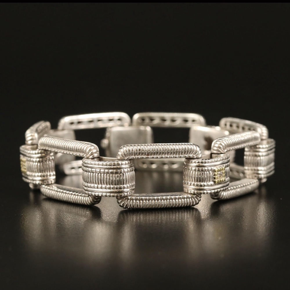 DIAMOND CHAIN LINK BRACELET 925 STERLING 925 & 18K GOLD ACCENTS  7.5” J RIPKA